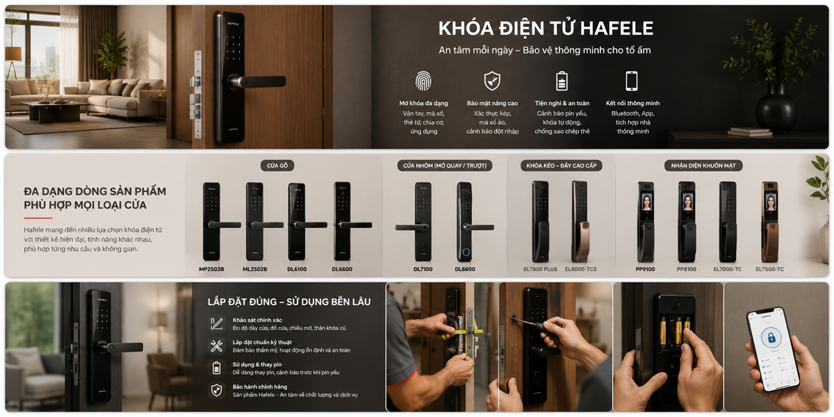 Các dòng khóa điện tử Hafele cho cửa gỗ cửa nhôm khóa kéo đẩy và nhận diện khuôn mặt
