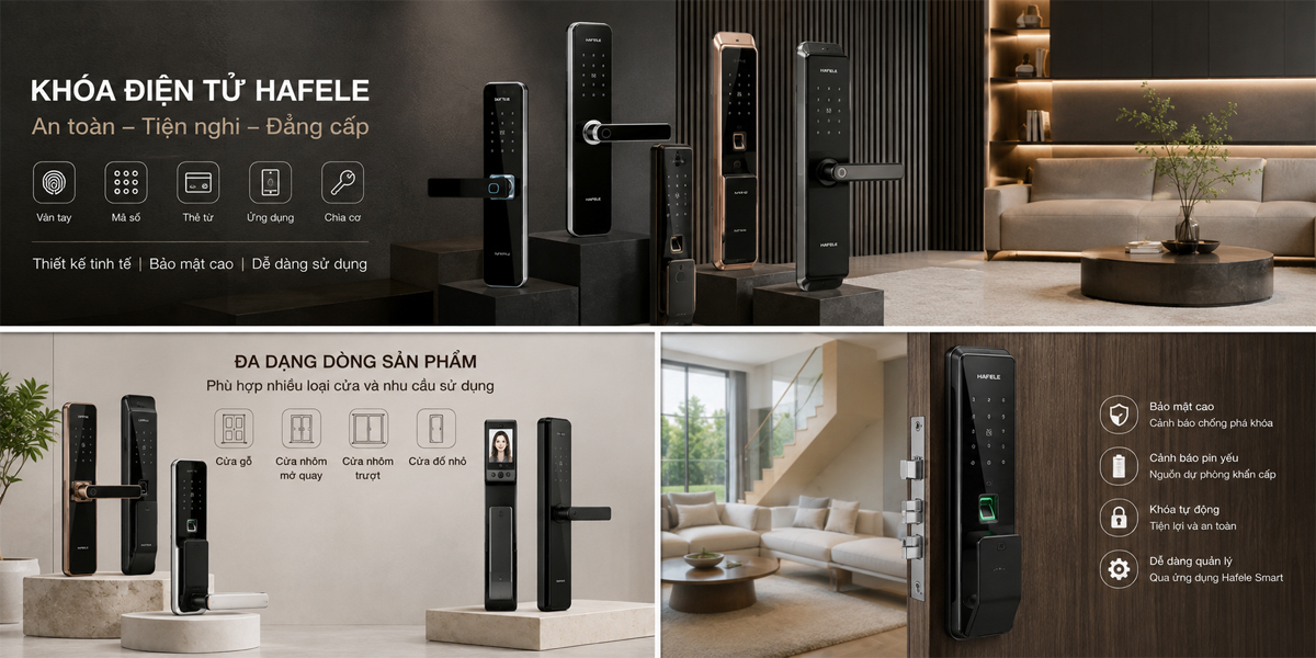 Khóa điện tử Hafele lắp trên cửa chính trong không gian nội thất hiện đại