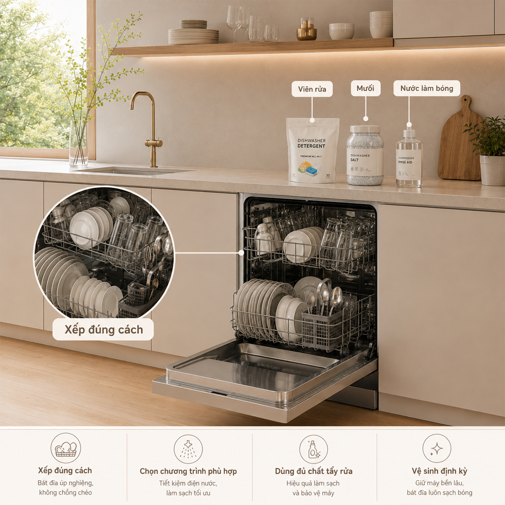 Cách xếp chén đĩa và sử dụng viên rửa, muối, nước làm bóng cho máy rửa chén