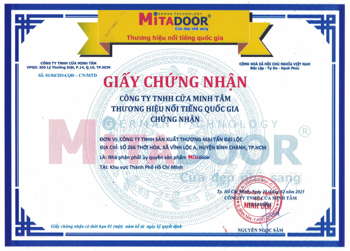 CHỨNG NHẬN ĐẠI LÝ CỦA MITADOOR