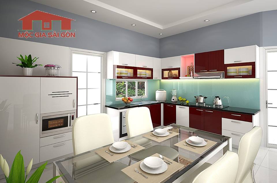 Bếp Acrylic trắng phối với đỏ đô