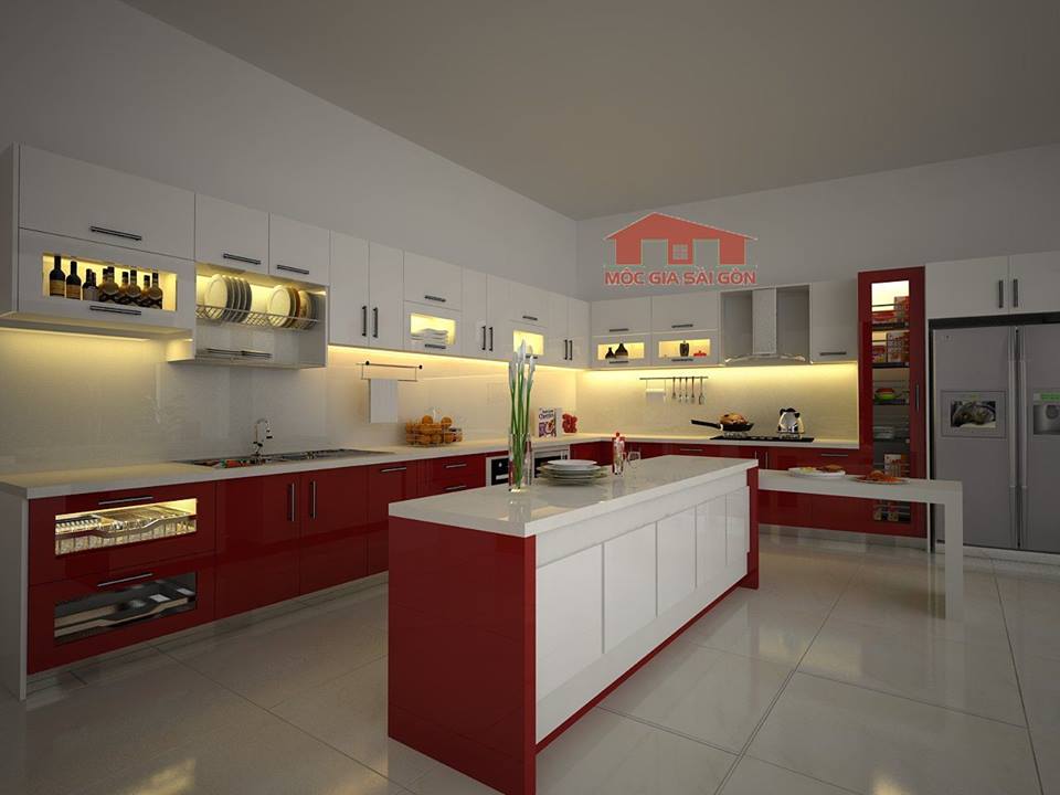 bếp với bàn đảo rộng sang trọng