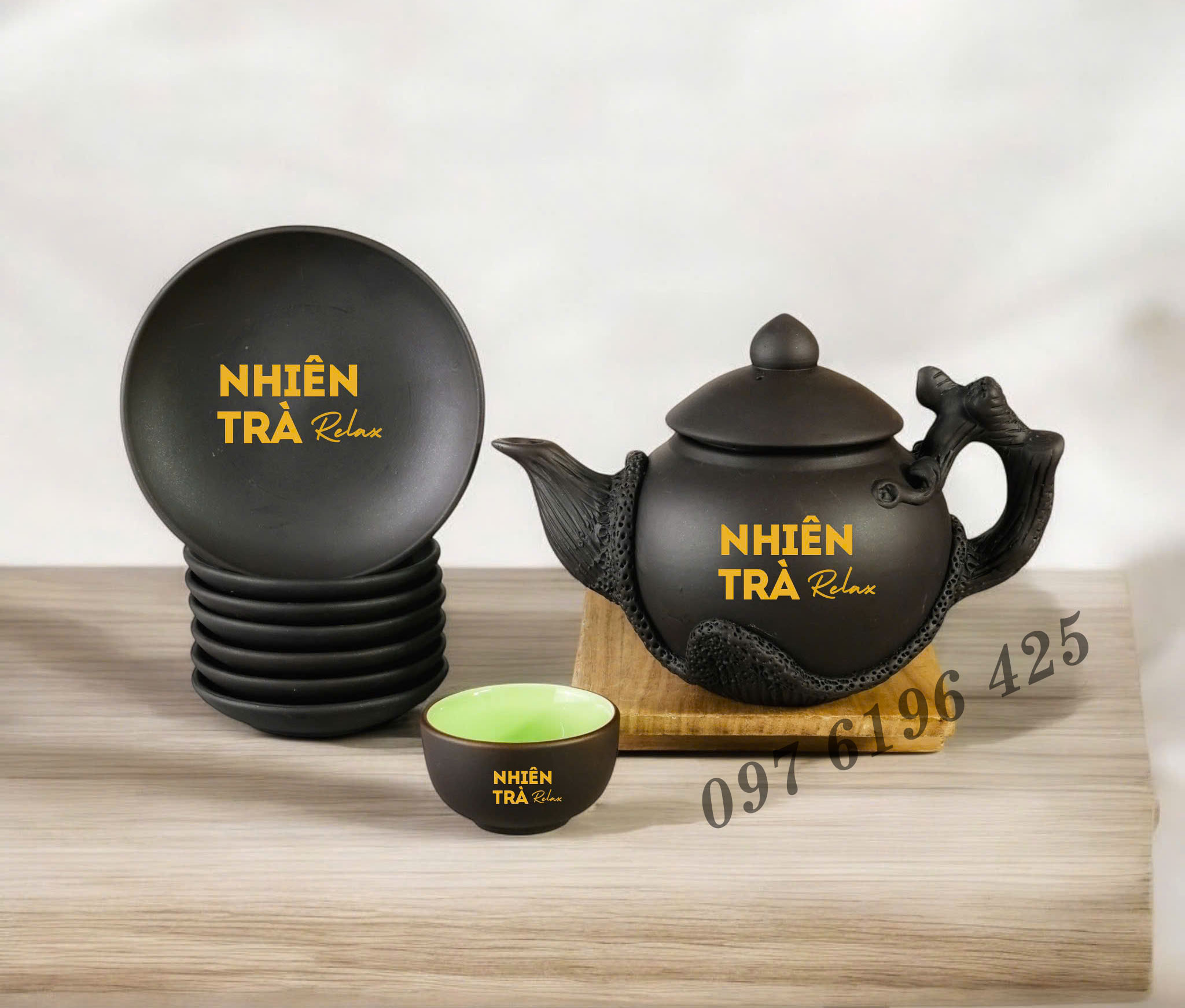 Bộ trà gốm đắp hoa phù dung in logo