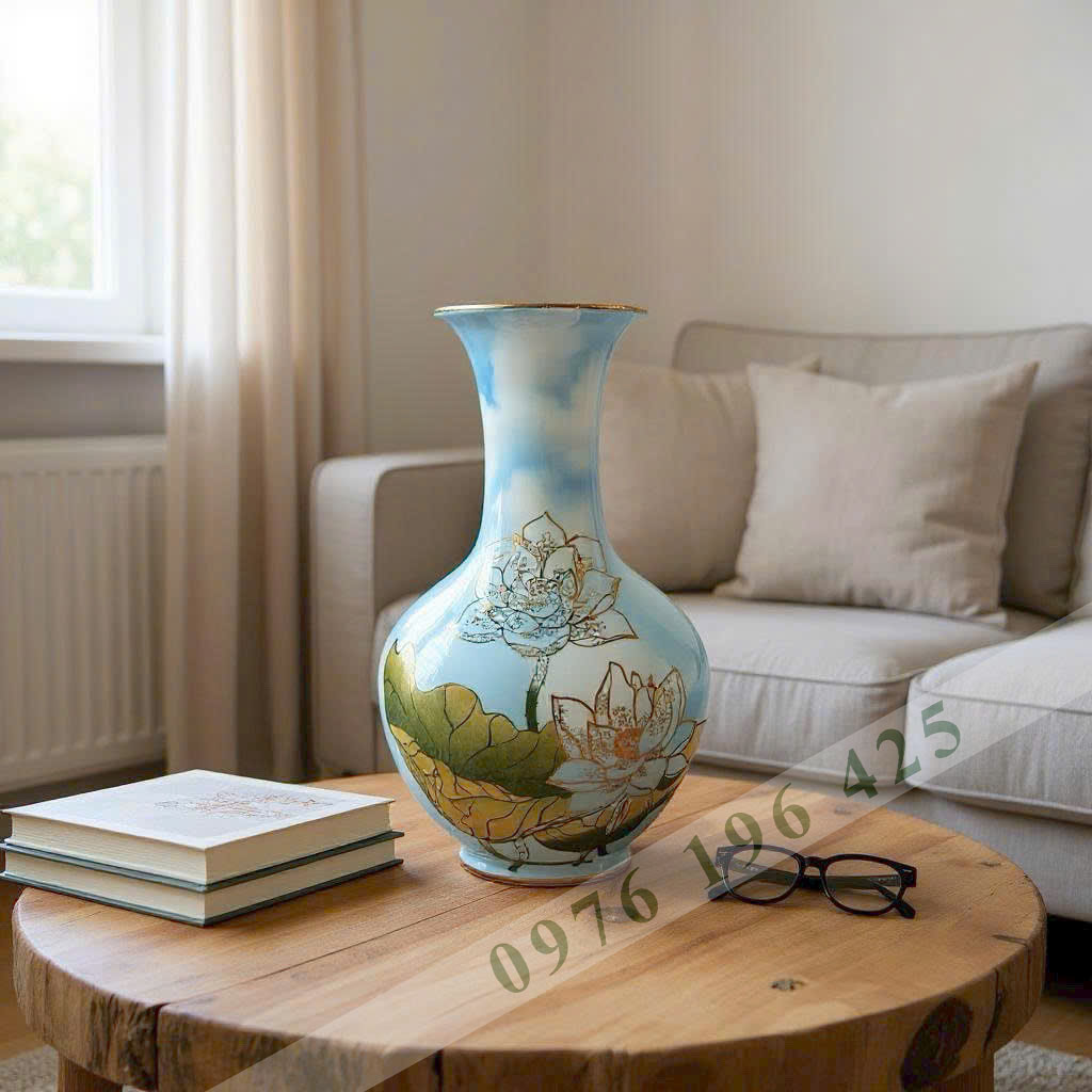 Lọ hoa dáng tỏi vân mây sen vàng kim