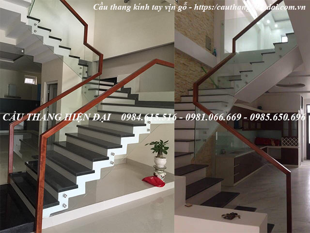 Mẫu cầu thang kính cường lực tay vịn gỗ lim nam phi đẹp, giá rẻ nhất hà nội năm 2021